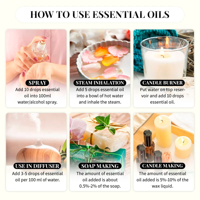 100ML Essential Oils for Diffuser Humidifier Aroma Oil Vanilla Eucalyptus Jasmine Rose Lavender Rosemary Peppermint Tea Tree